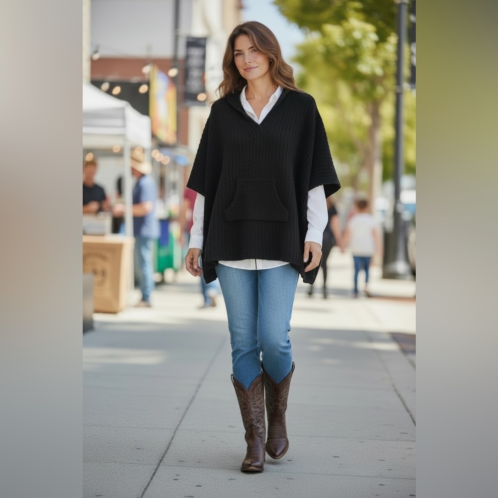 Tommy Bahama Oversized Black V-Neck Poncho Sweater - Picture 2 of 11